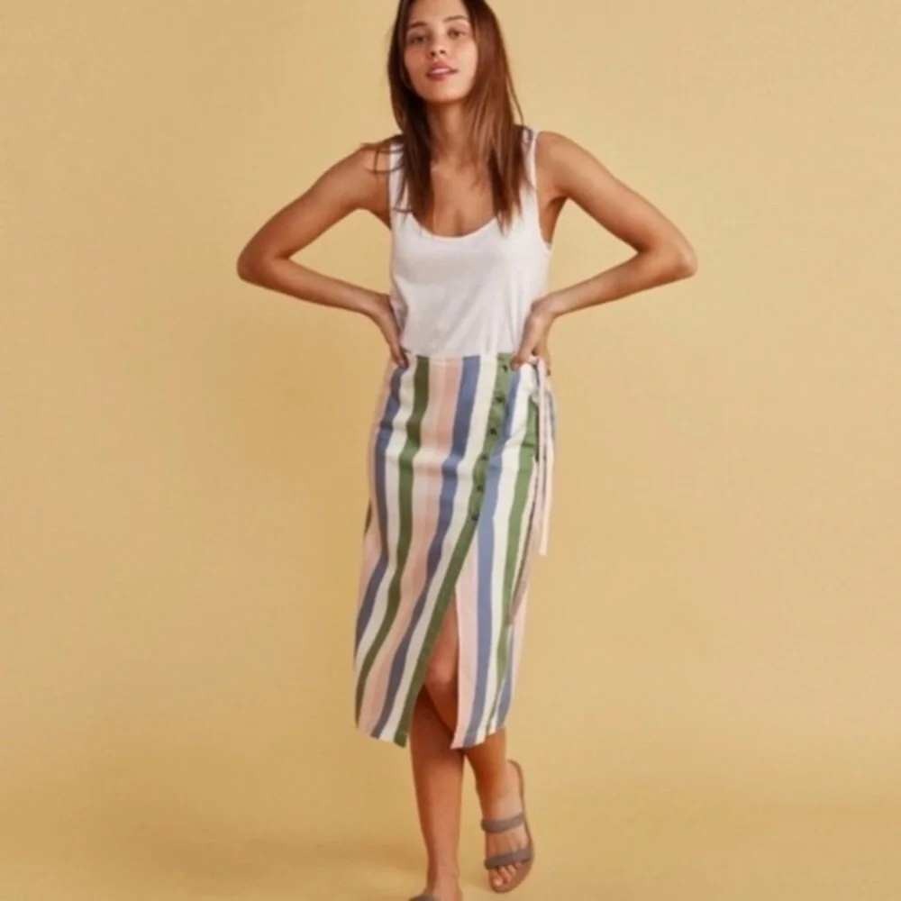 Marine Layer Wrap Skirt Women Large Multi Color Striped Tencel Button Midi